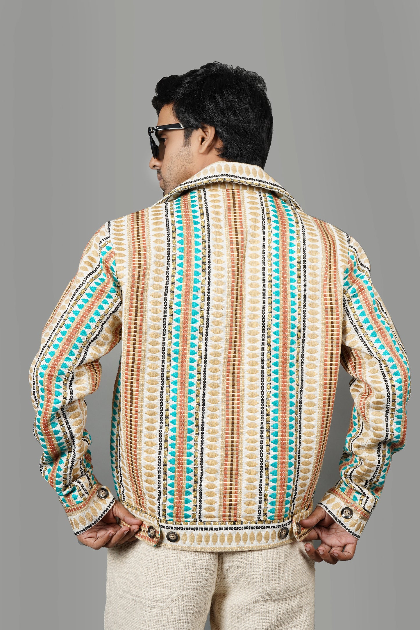 Handmade jacquard jacket for men with intricate woven patterns, luxury artisanal jacket, unique design statement wear for all occasions.
