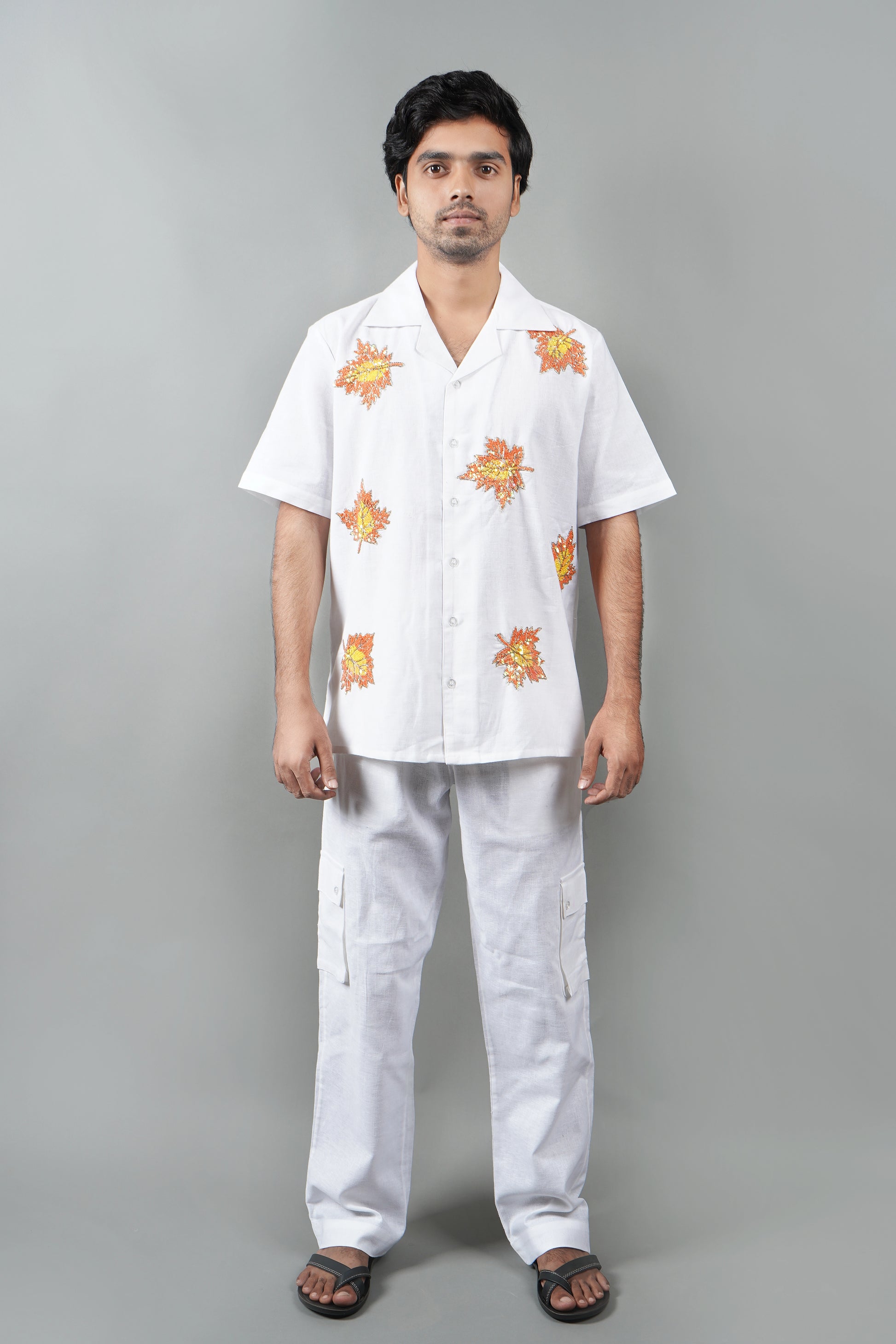 Handmade white linen blend shirt with maple leaf hand embroidery, premium embroidered casual wear for men, luxury artisanal shirt.