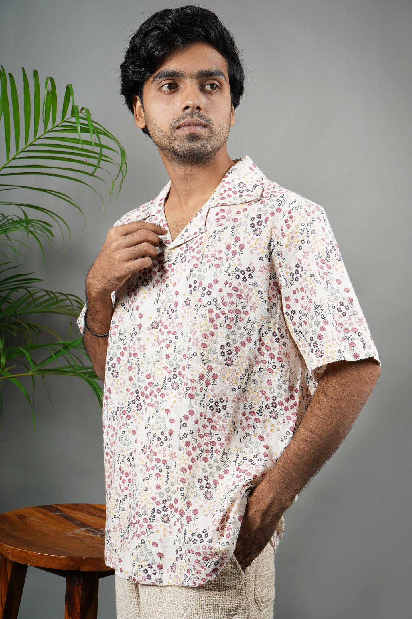 Handmade cotton shirt with pastel floral print, comfortable and lightweight summer shirt, trendy casual wear for men.

