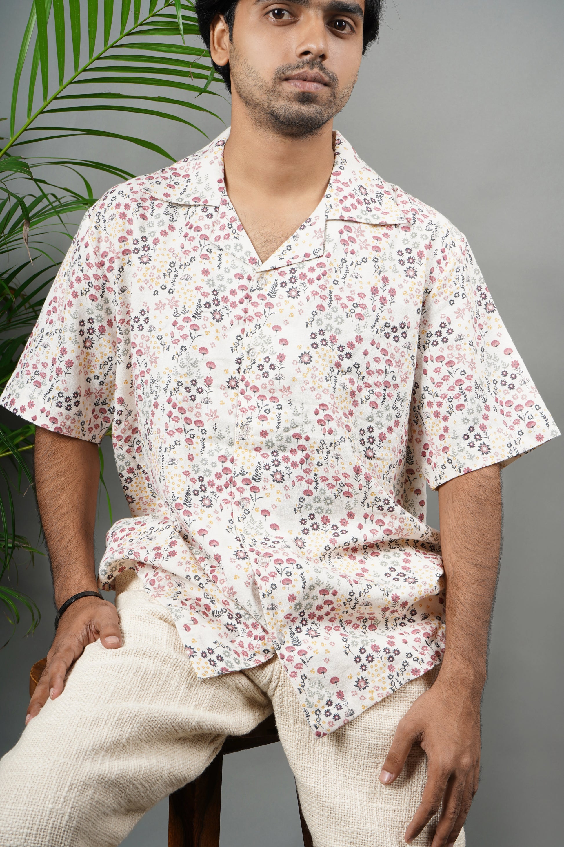 Handmade cotton shirt with pastel floral print, comfortable and lightweight summer shirt, trendy casual wear for men.
