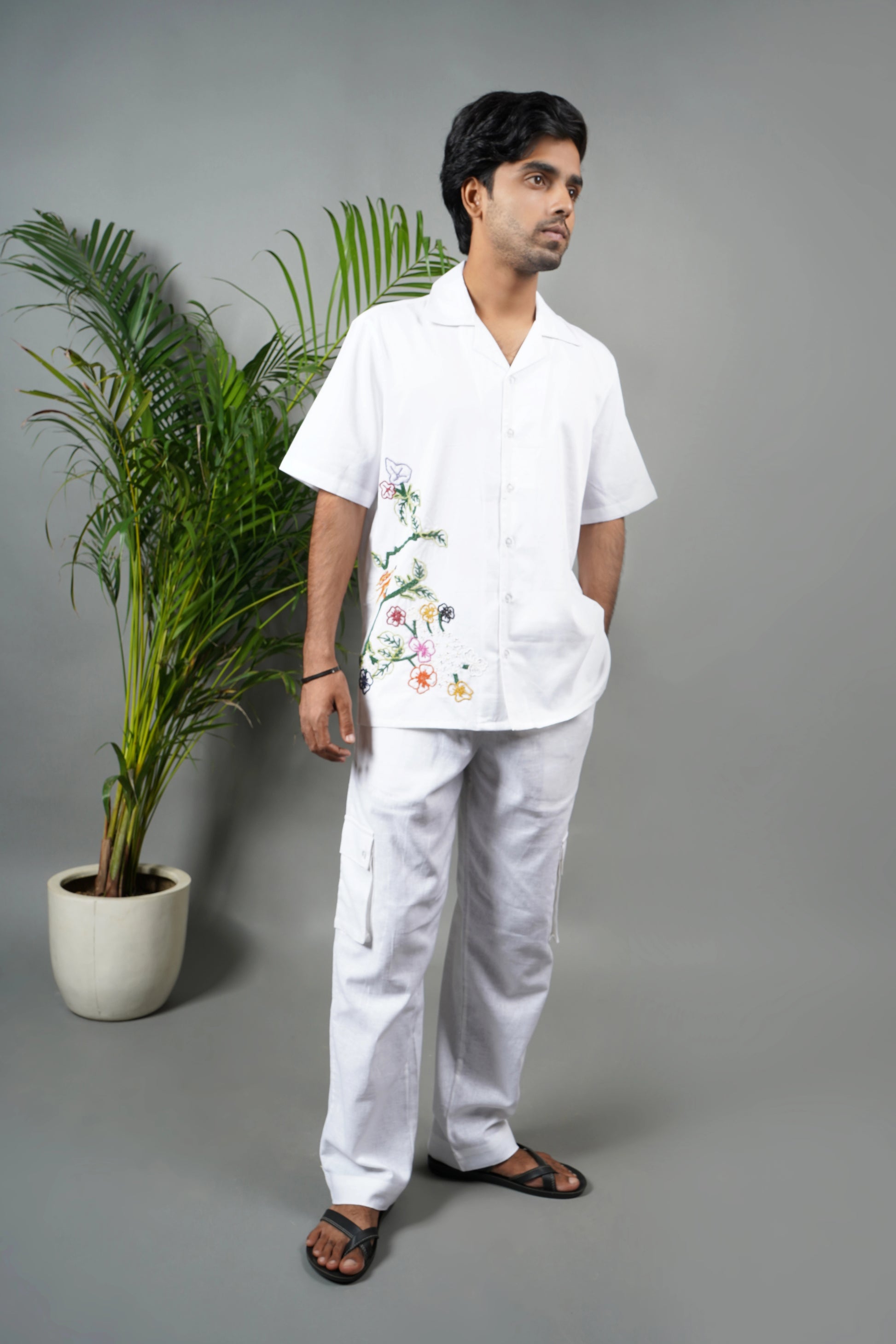 Handmade white cotton shirt with multicolor floral and bird hand embroidery, luxury artisanal shirt for men, unique embroidered summer wear.