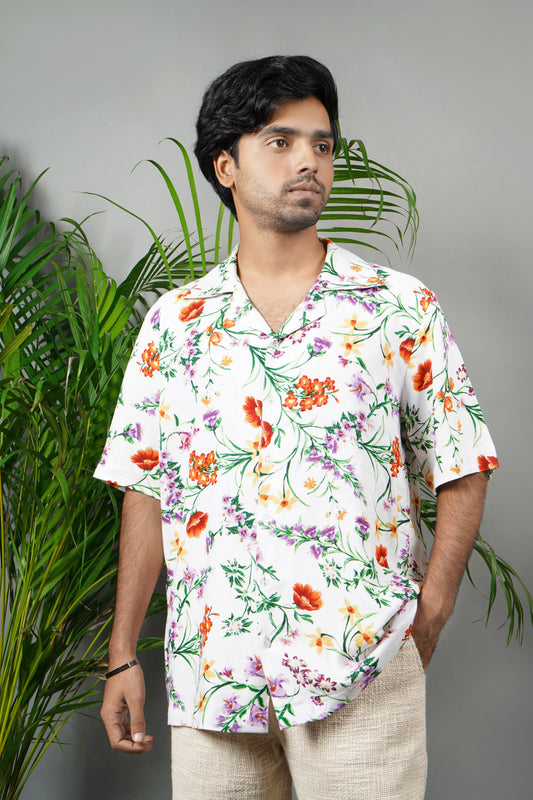 Handmade linen blend shirt with vibrant multicolor floral print, breathable casual shirt, unique tropical wear for men.

