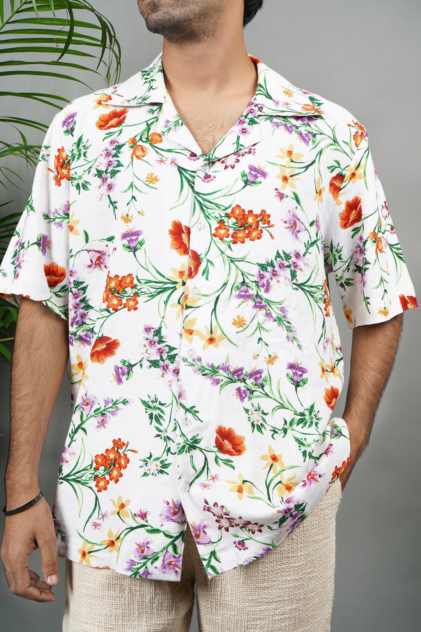 Handmade linen blend shirt with vibrant multicolor floral print, breathable casual shirt, unique tropical wear for men.

