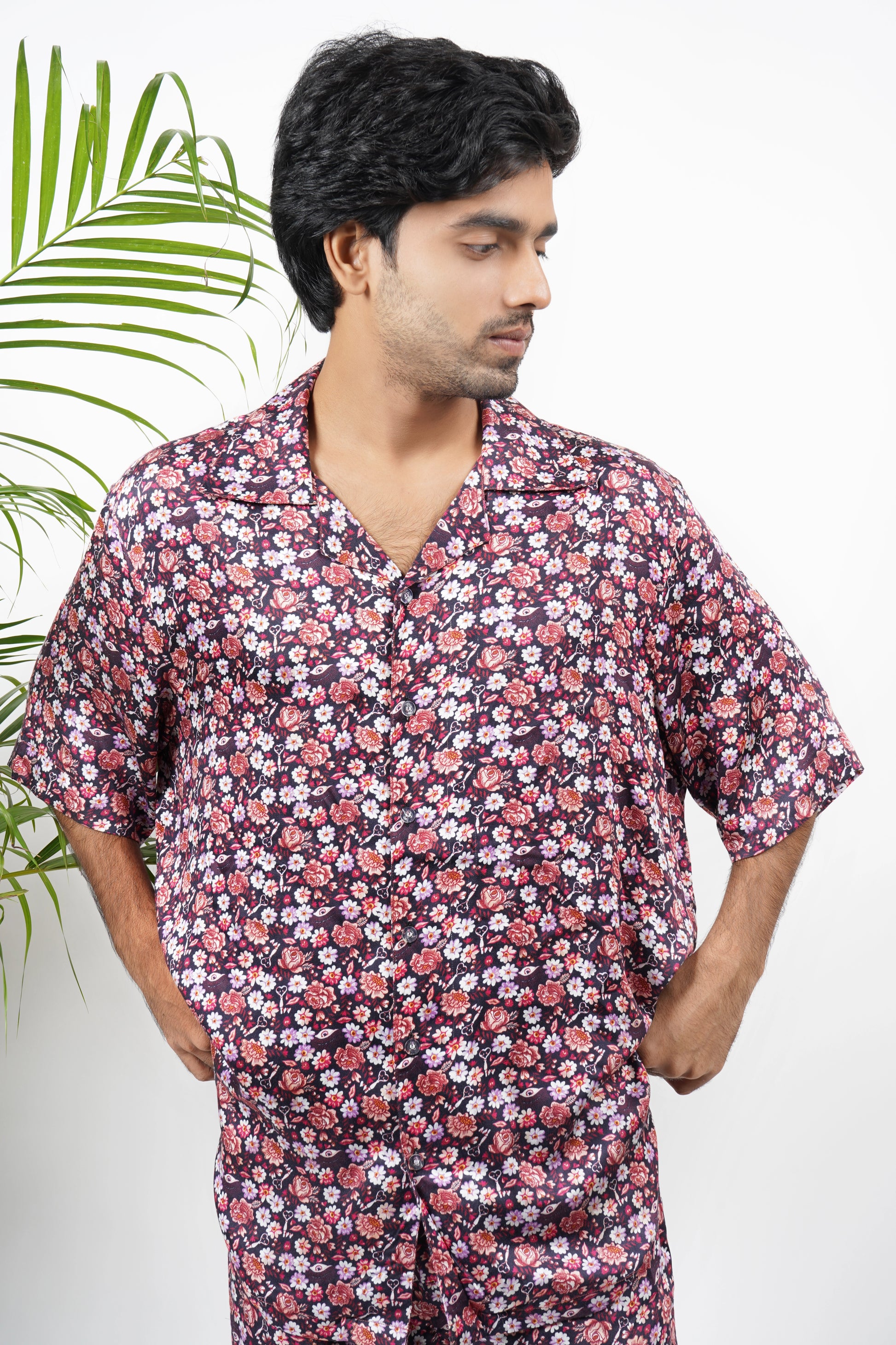 Men's modal fabric floral co-ord set, short sleeve shirt and matching shorts, soft breathable summer loungewear