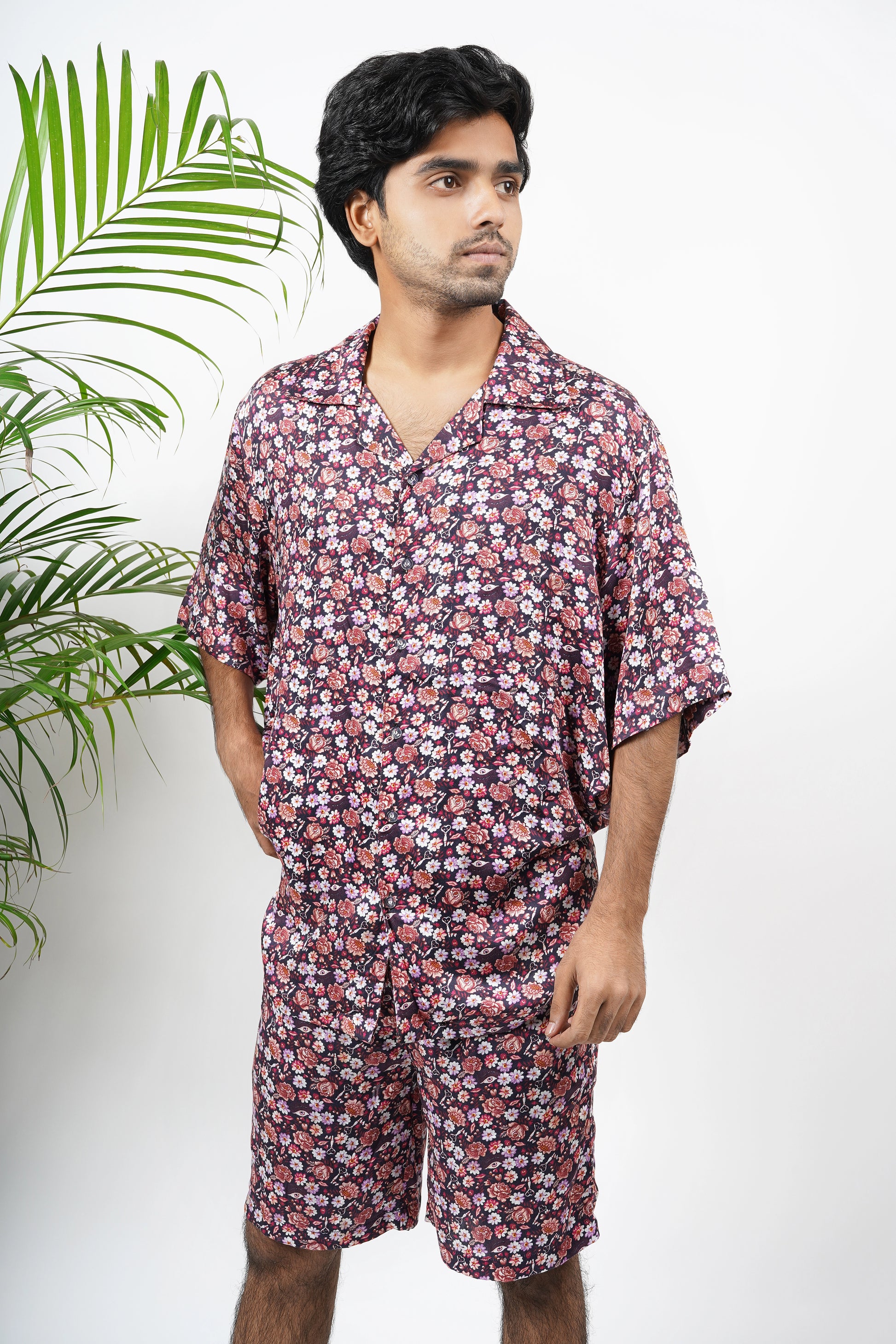 Men's modal fabric floral co-ord set, short sleeve shirt and matching shorts, soft breathable summer loungewear