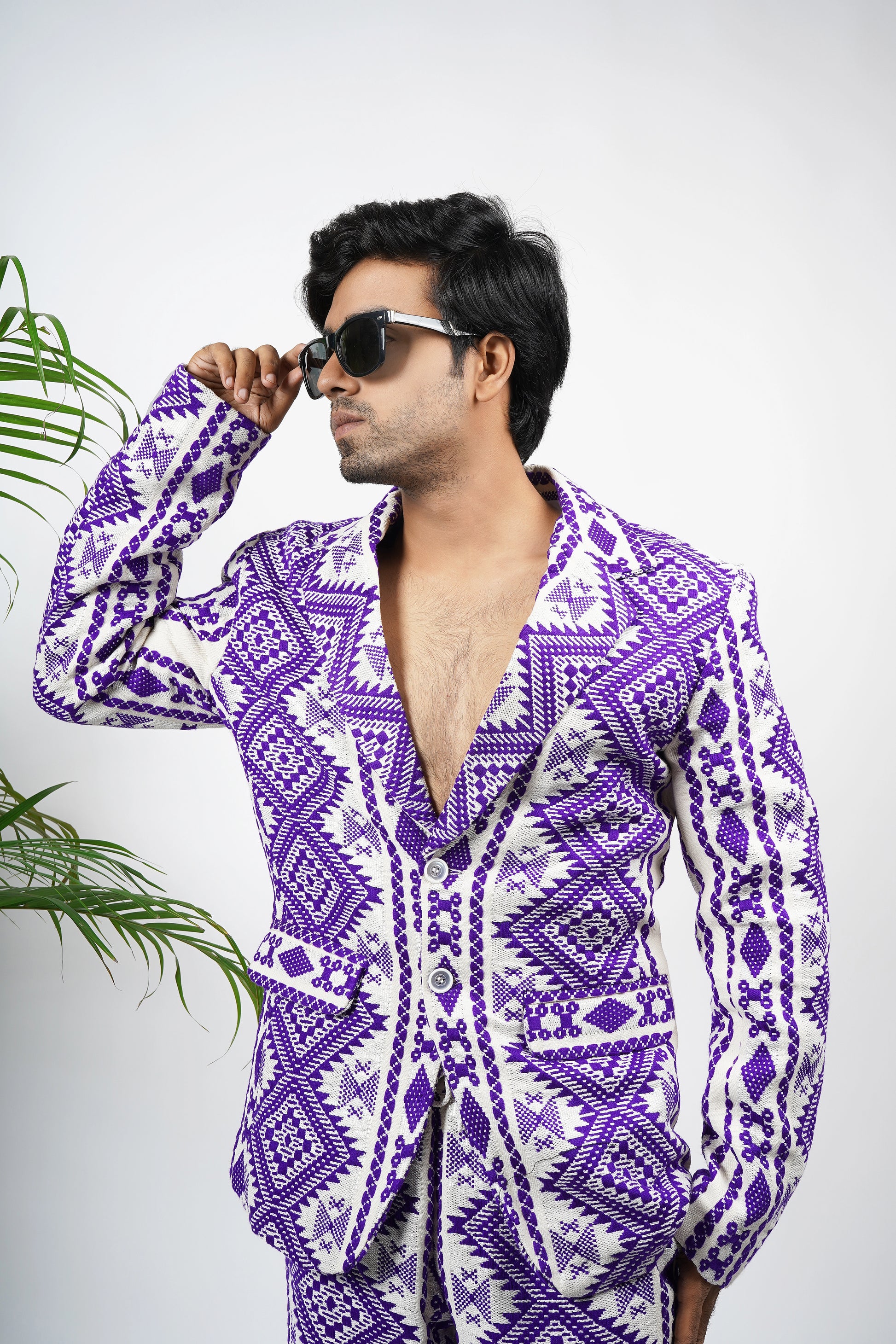 Men's handloom fabric purple suit with geometric woven design, luxury handmade blazer and pants, ethnic modern wear.