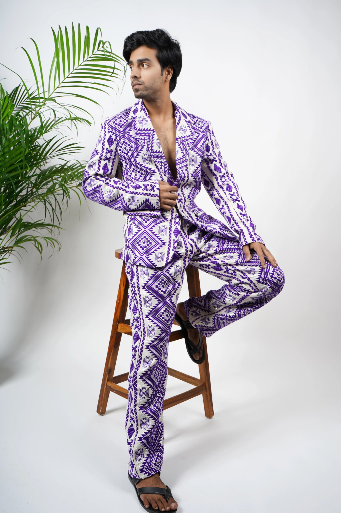 Men's handloom fabric purple suit with geometric woven design, luxury handmade blazer and pants, ethnic modern wear.