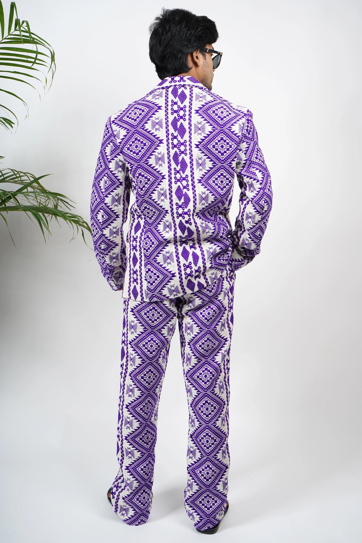 Men's handloom fabric purple suit with geometric woven design, luxury handmade blazer and pants, ethnic modern wear.