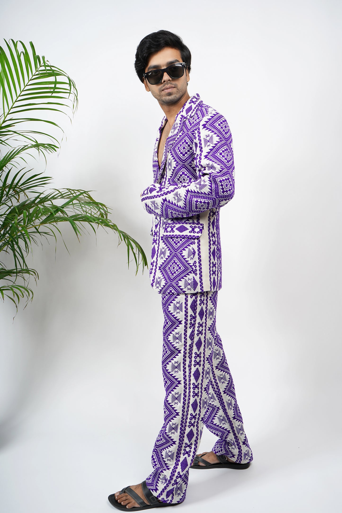 Men's handloom fabric purple suit with geometric woven design, luxury handmade blazer and pants, ethnic modern wear.