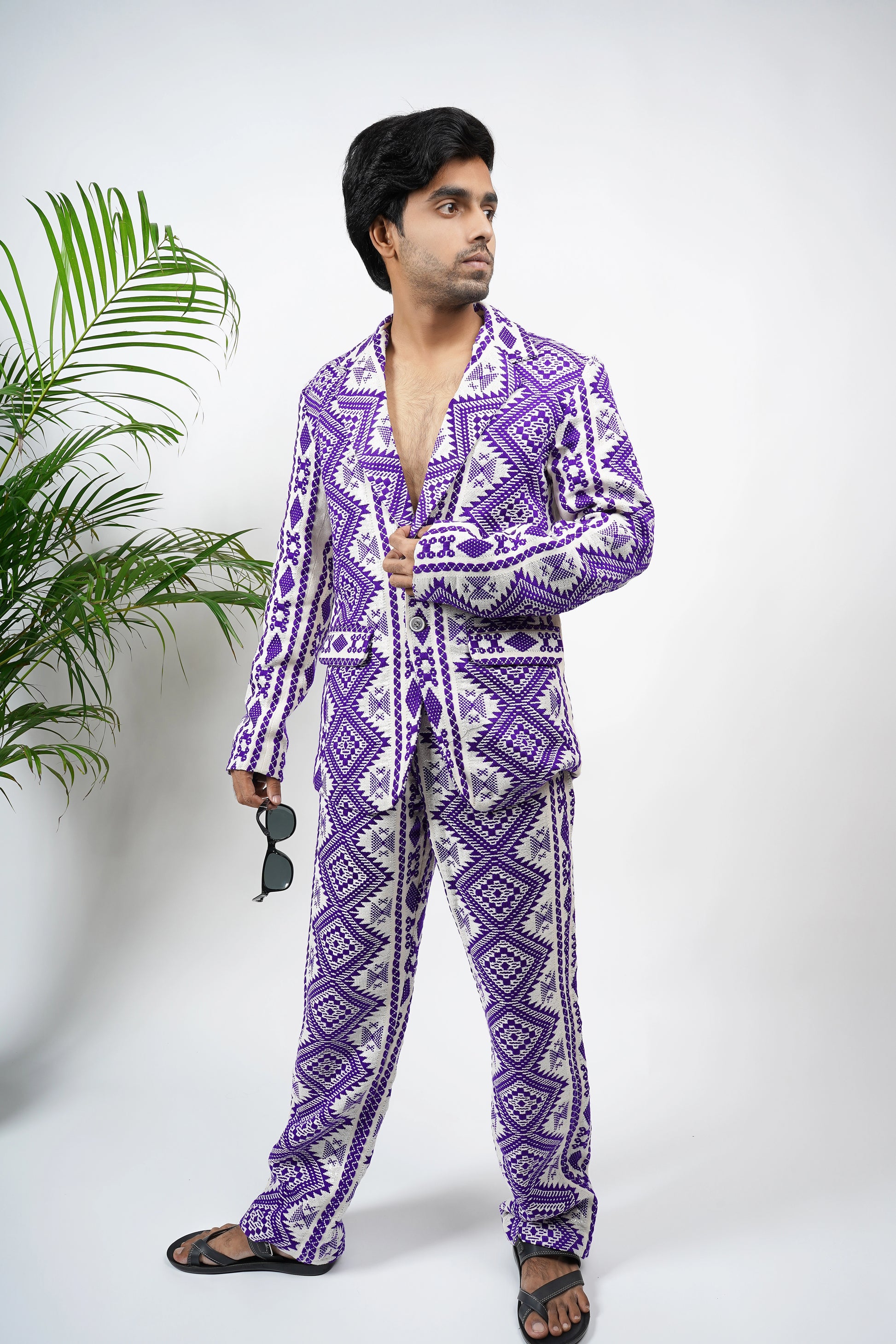 Men's handloom fabric purple suit with geometric woven design, luxury handmade blazer and pants, ethnic modern wear.