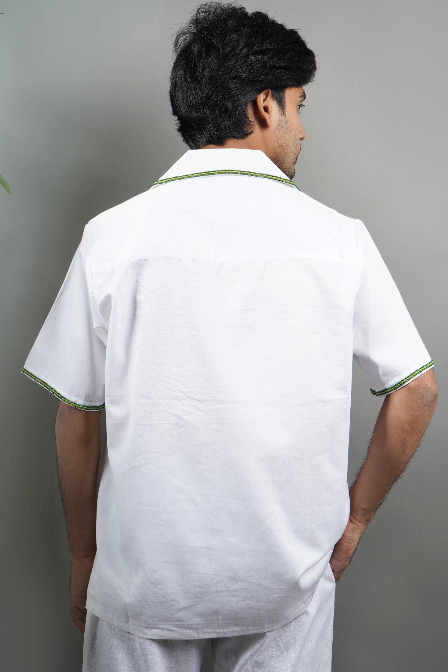 Handmade embroidered white Cuban collar shirt with green leaf patterns