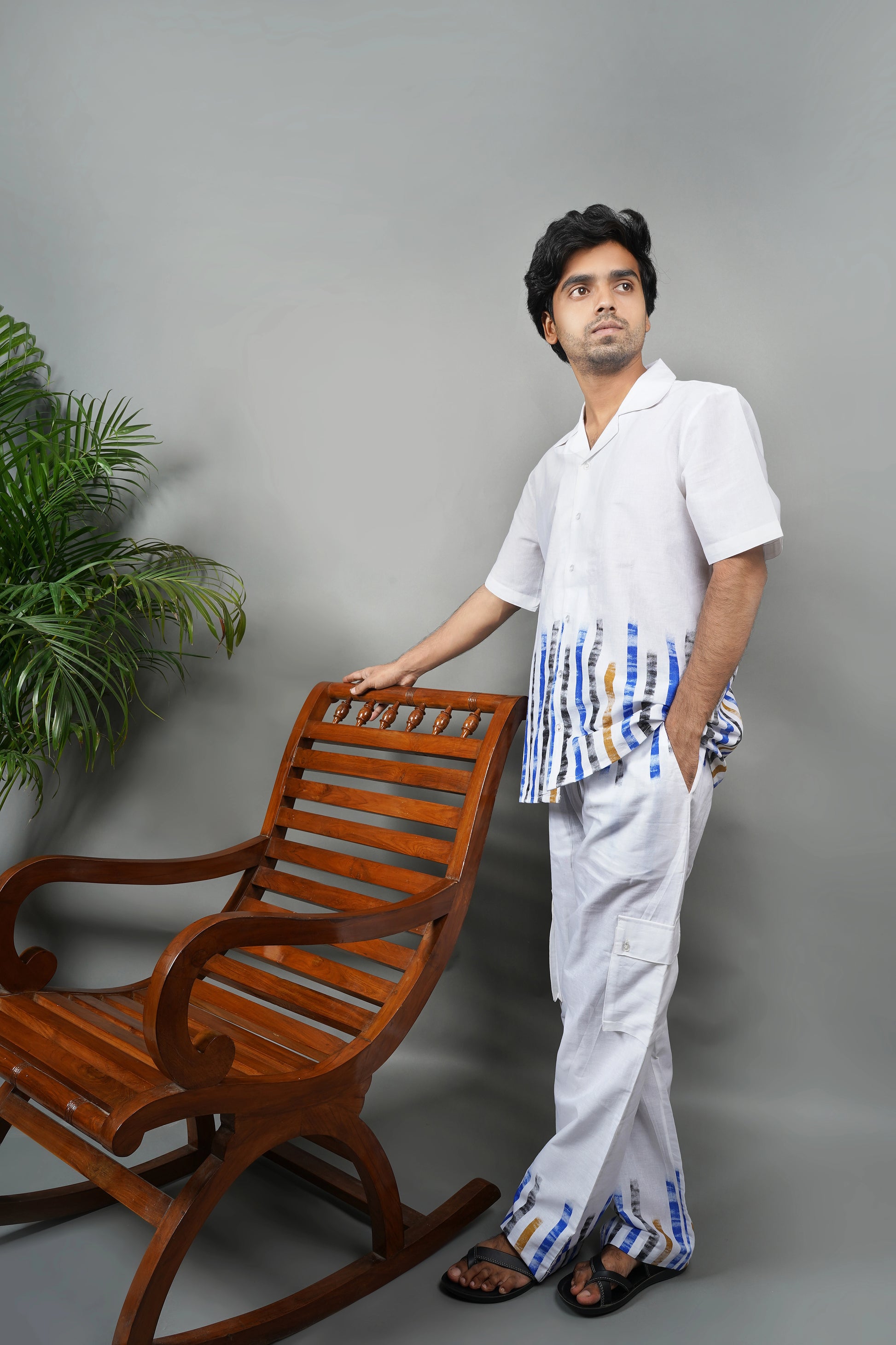 "Men's white linen blend shirt and pants with blue hand-painted patterns, lightweight breathable summer wear, handmade luxury fashion.