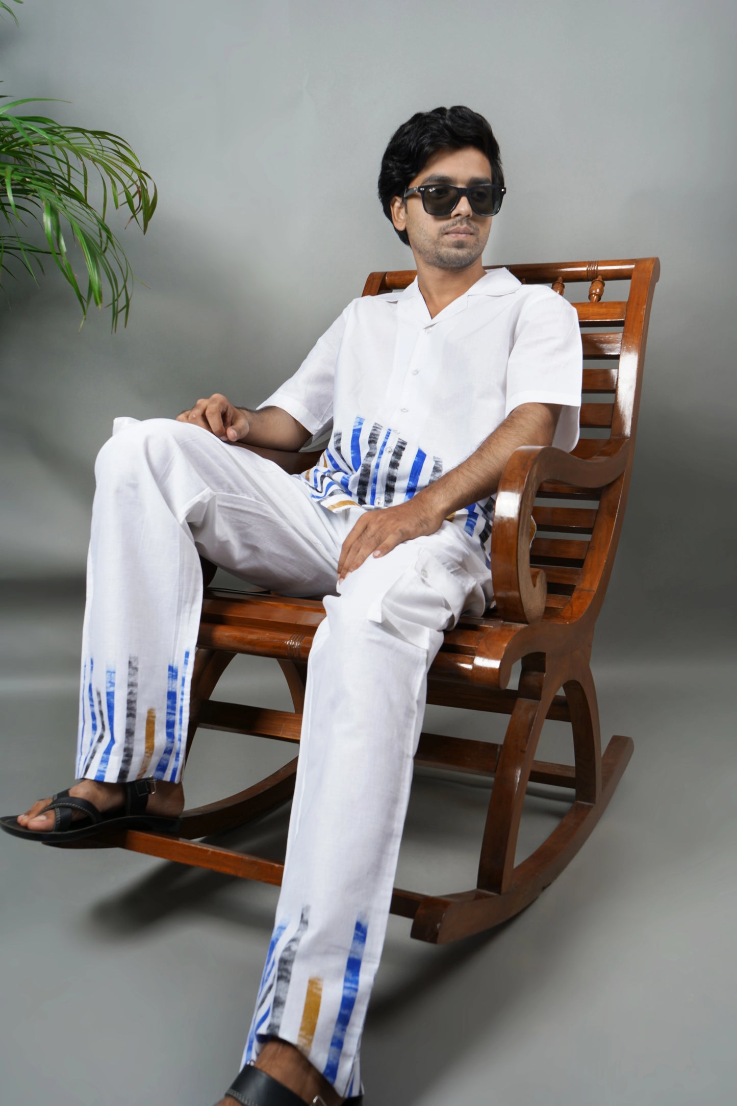 Men's white linen blend shirt and pants with blue hand-painted patterns, lightweight breathable summer wear, handmade luxury fashion.