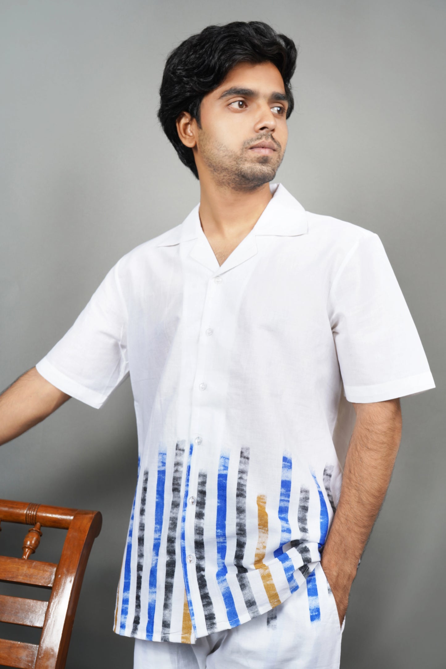 "Men's white linen blend shirt and pants with blue hand-painted patterns, lightweight breathable summer wear, handmade luxury fashion.