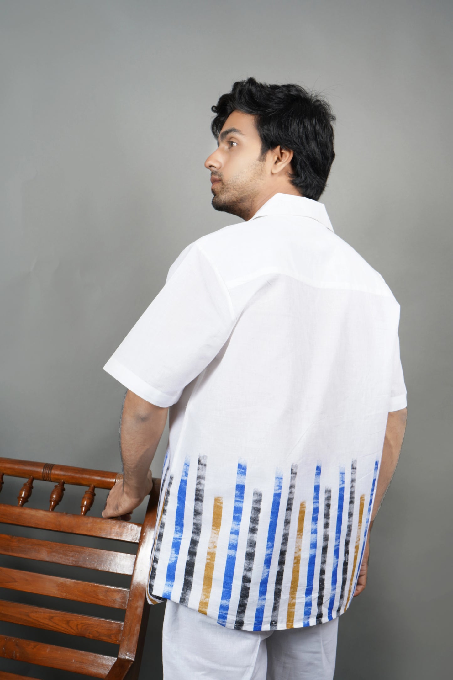 "Men's white linen blend shirt and pants with blue hand-painted patterns, lightweight breathable summer wear, handmade luxury fashion.