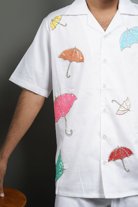 Handmade white cotton shirt with colorful umbrella hand embroidery, unique embroidered casual shirt for men, premium lightweight summer fashion.

