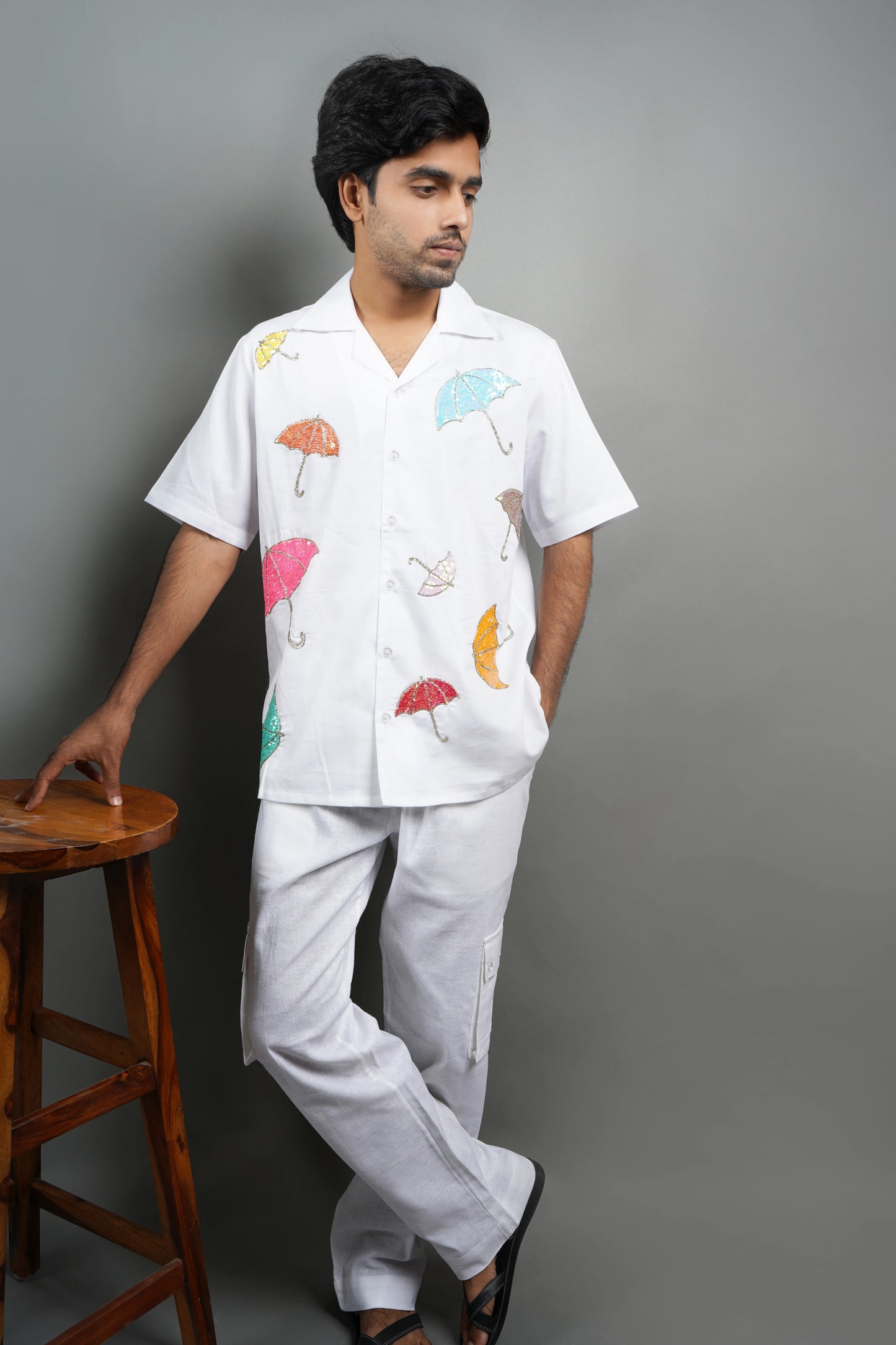 Handmade white cotton shirt with colorful umbrella hand embroidery, unique embroidered casual shirt for men, premium lightweight summer fashion.

