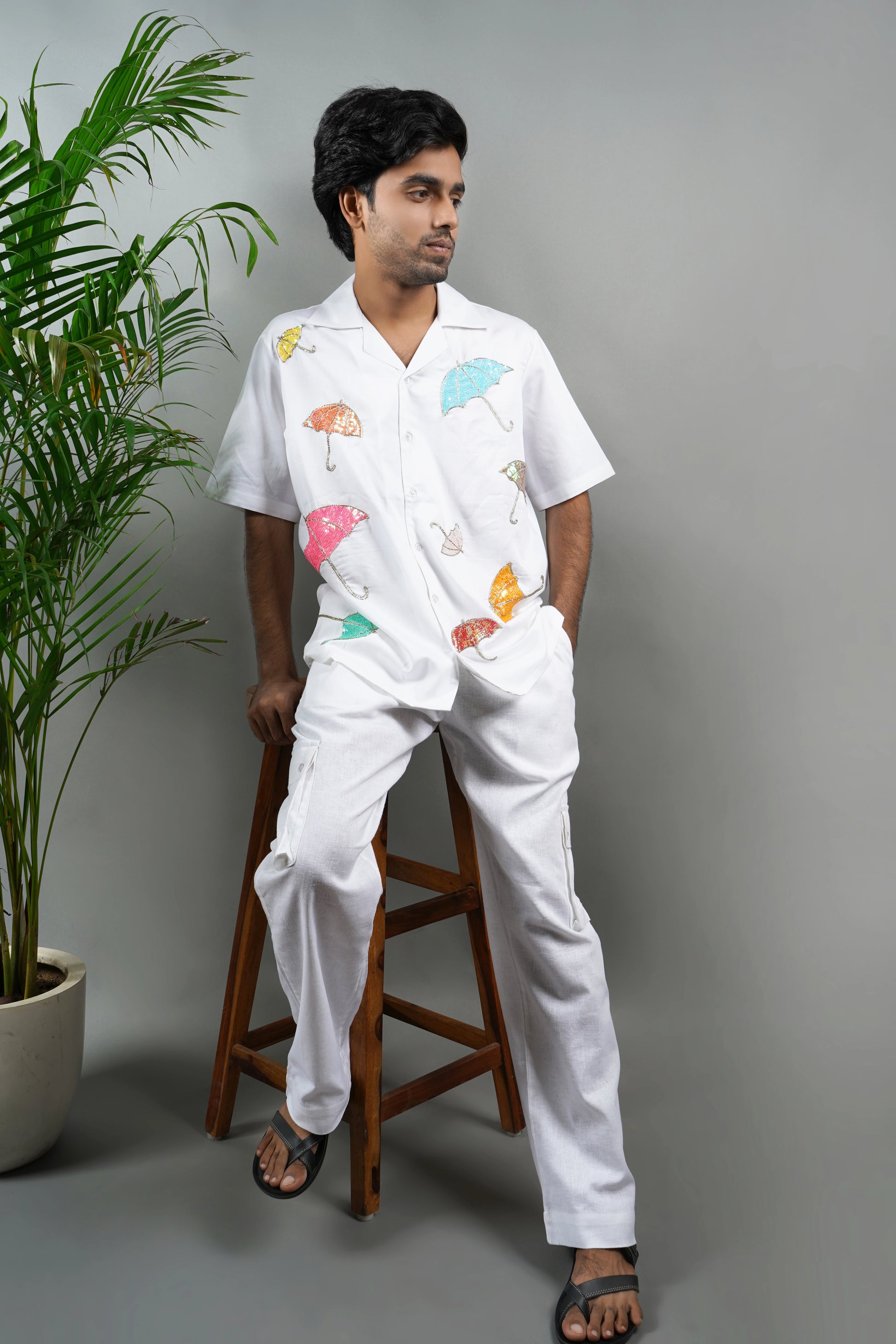 Handmade white cotton shirt with colorful umbrella hand embroidery, unique embroidered casual shirt for men, premium lightweight summer fashion.

