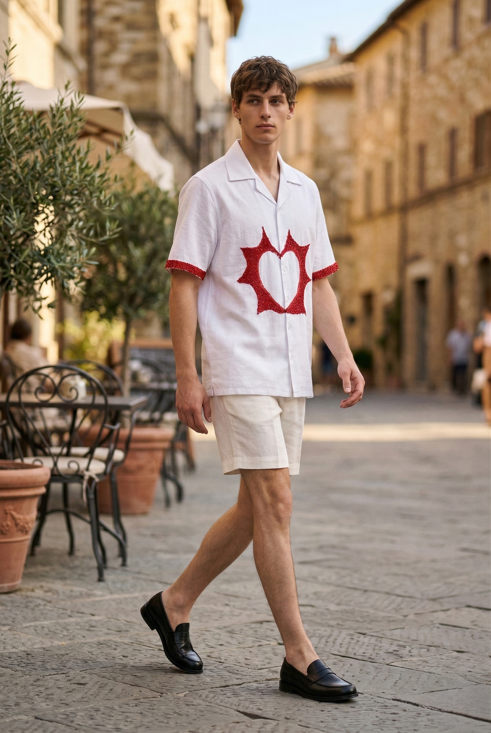 Mens handmade heart embroidered cotton linen Cuban collar summer resort shirt