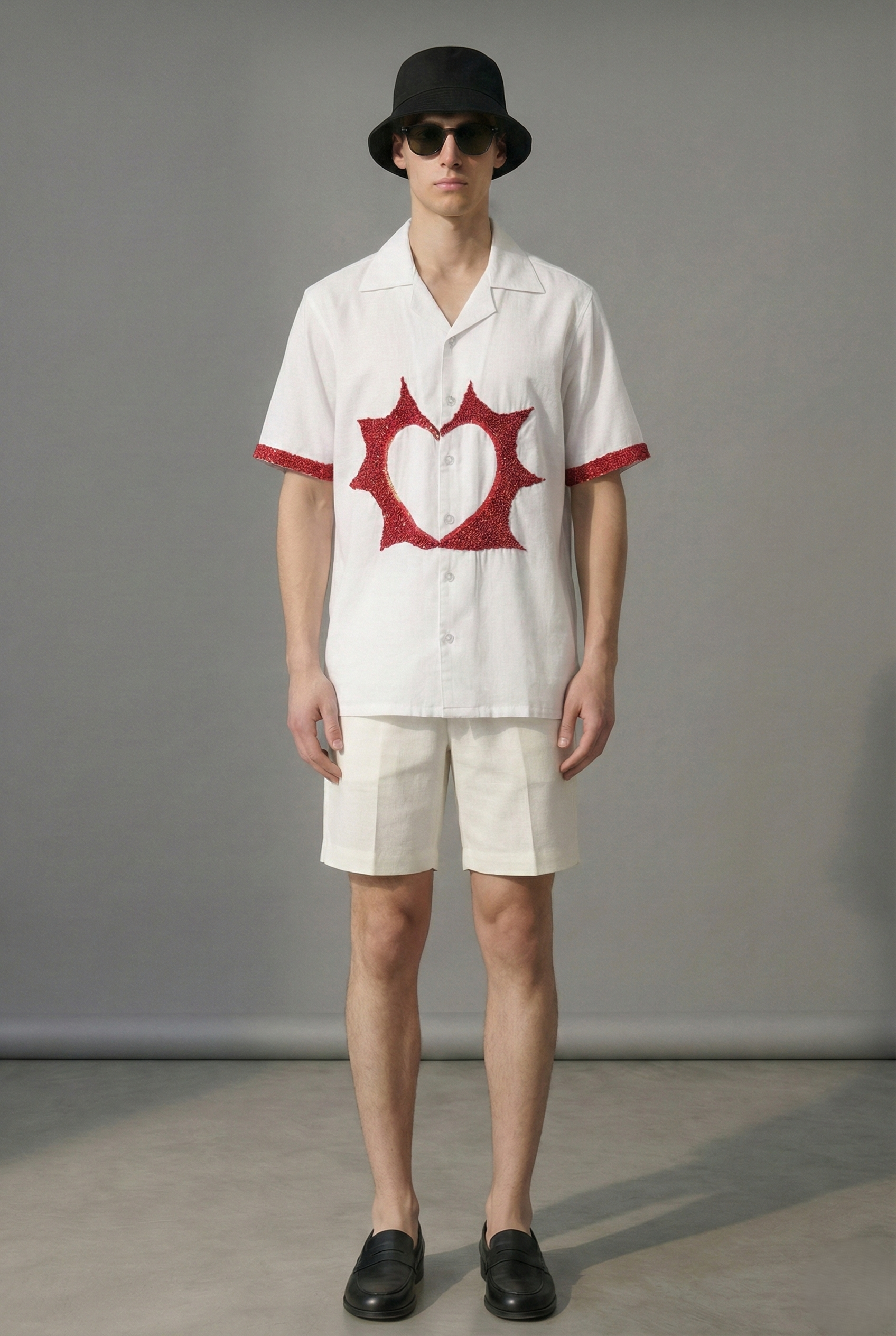 Front view mens cotton linen Cuban collar shirt with red heart embroidery