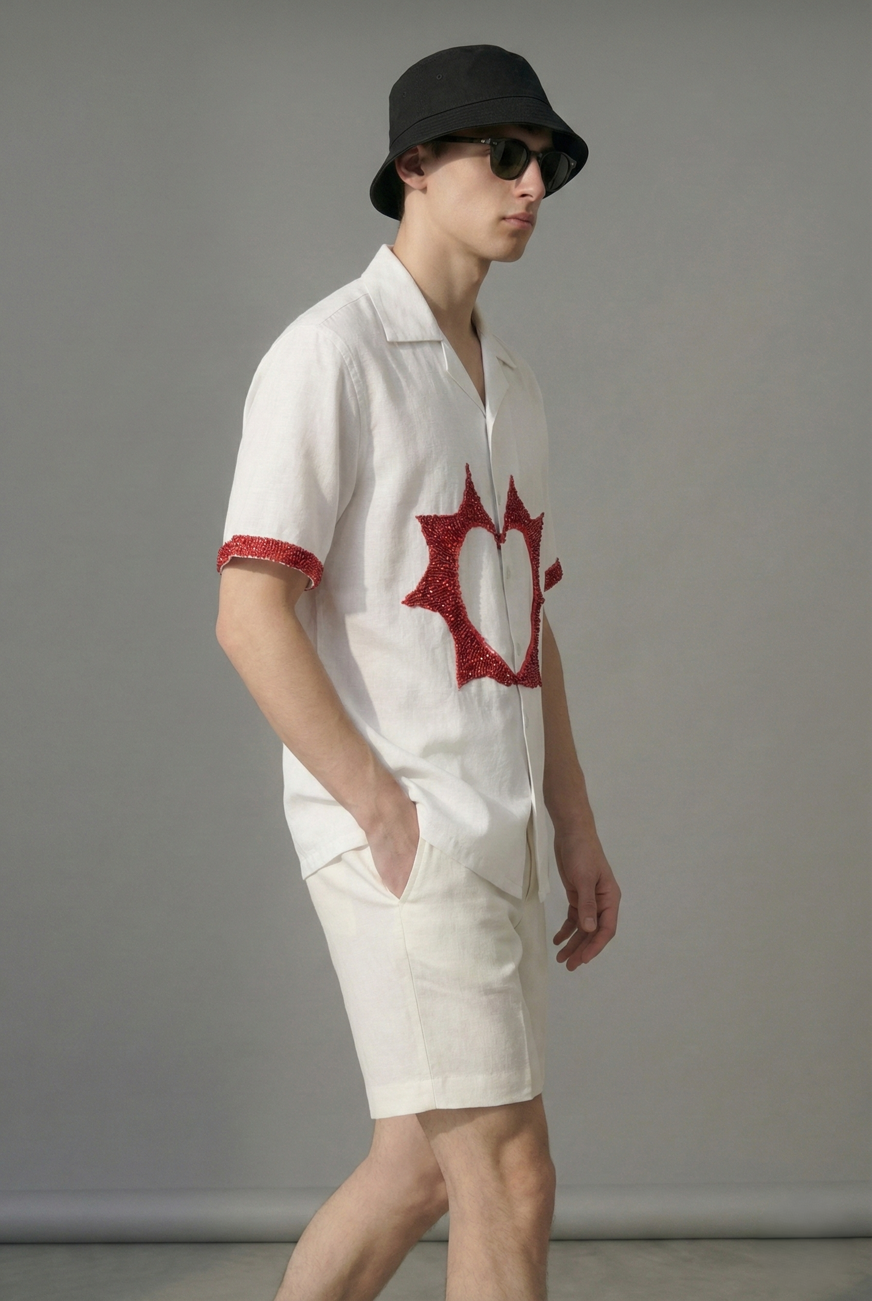 Side view mens handmade heart embroidered cotton linen Cuban collar shirt