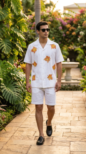 Mens handmade autumn leaf embroidered Cuban collar white summer resort shirt