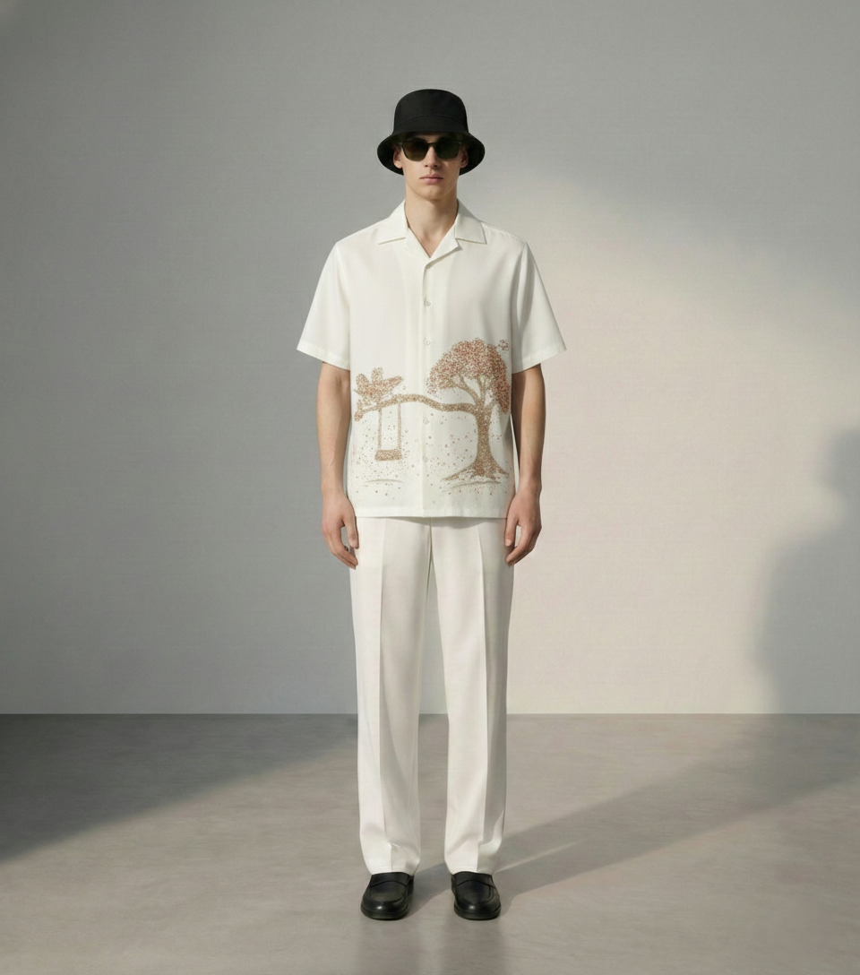 Men's white cotton Cuban collar shirt with artistic tree embroidery and swing design, handmade summer resort wear shirt