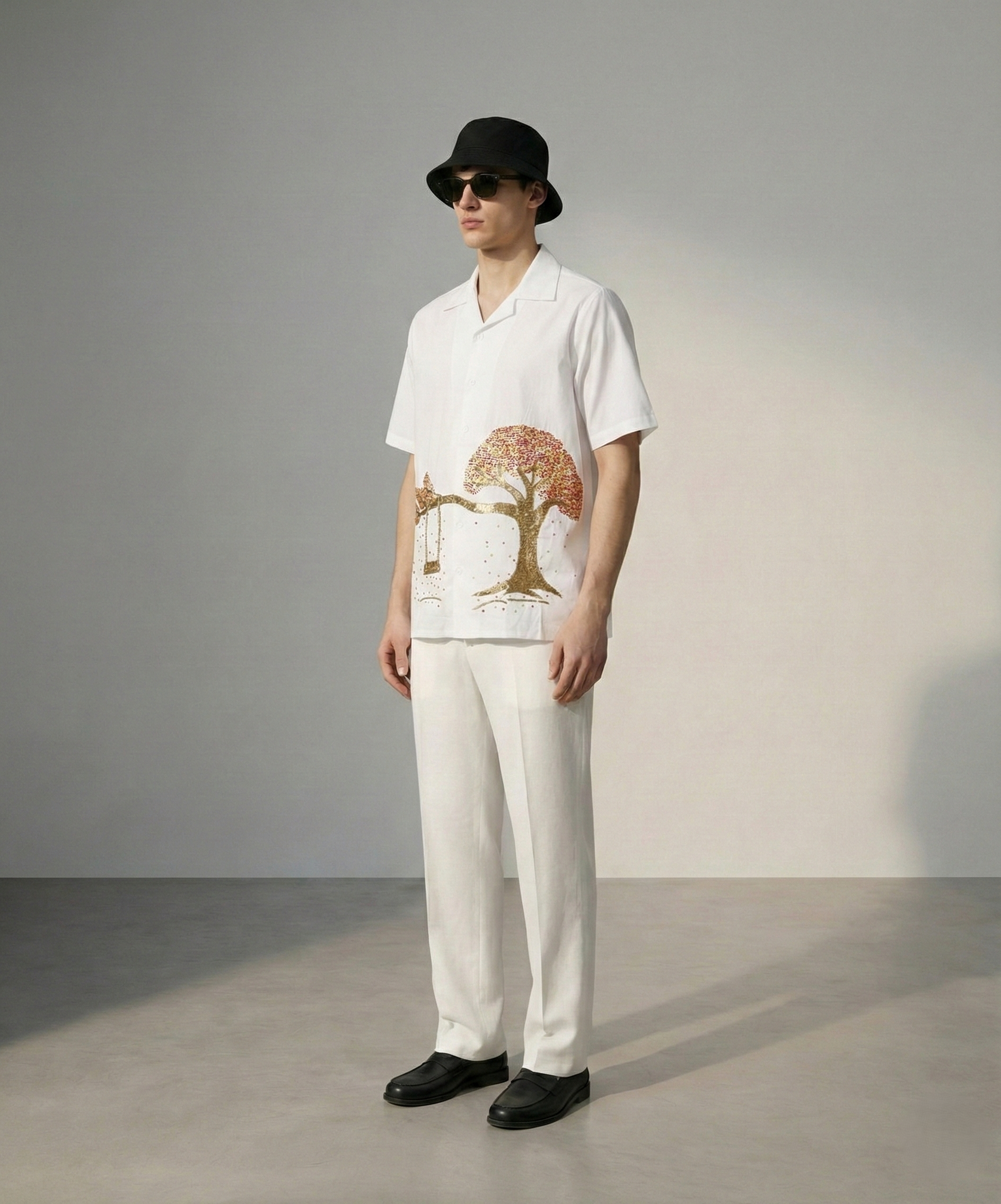 Men's white cotton Cuban collar shirt with hand embroidered tree and swing design, artistic summer resort wear shirt for men