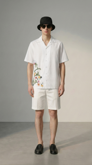 Mens white 100% cotton Cuban collar shirt with hand embroidered floral branch design, luxury handmade summer resort shirt for men