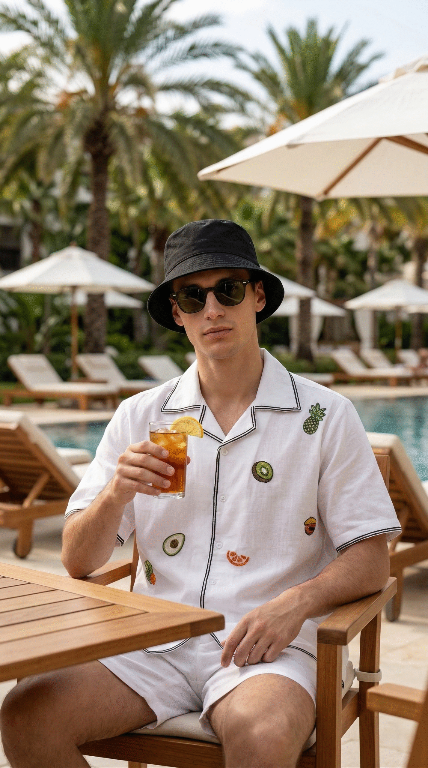 Mens handmade fruit embroidery Cuban collar white resort shirt relaxing by tropical pool with drink