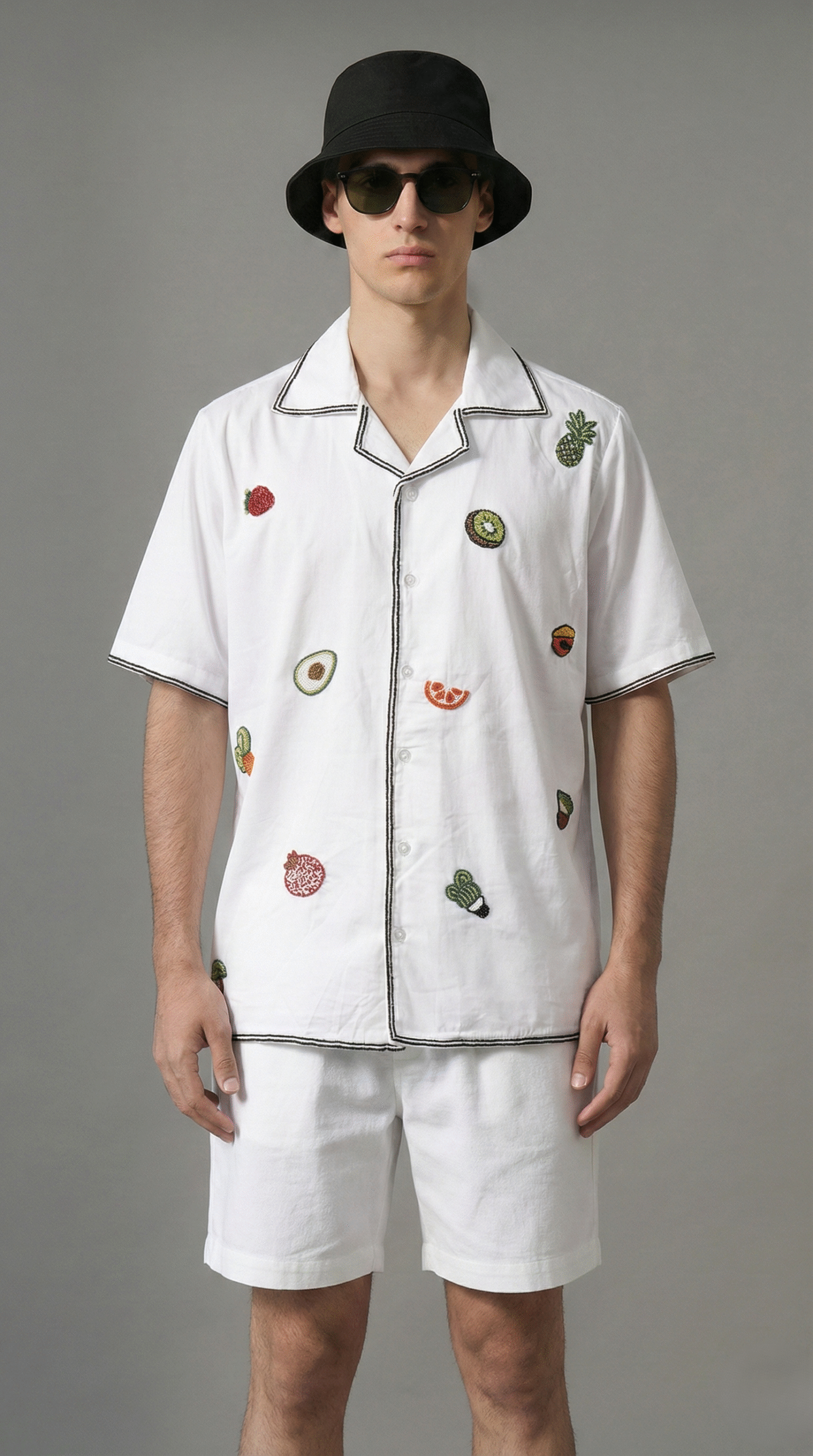 Front view of mens handmade fruit embroidered white Cuban collar summer shirt with relaxed fit