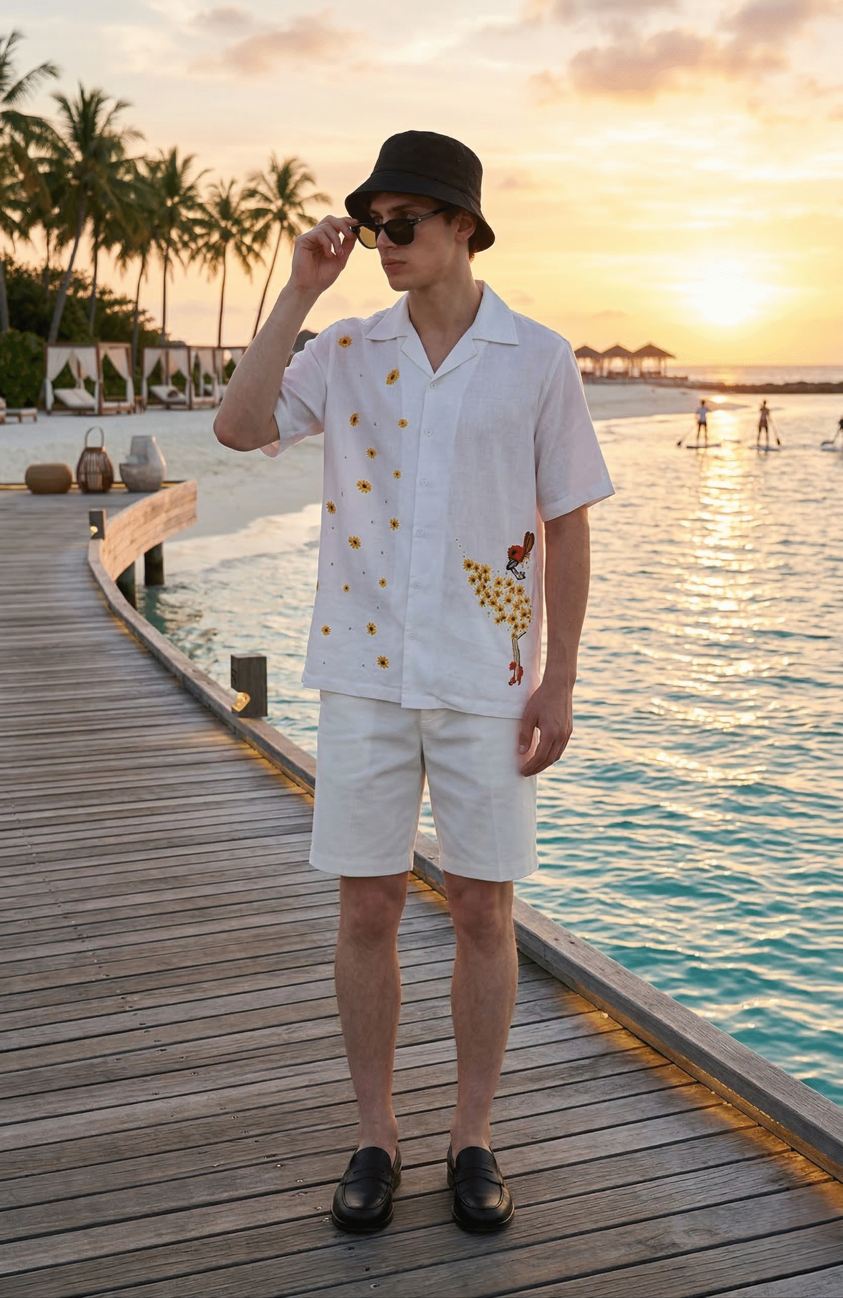 Model wearing handmade sunflower embroidery white Cuban collar summer shirt with white shorts at tropical beach resort