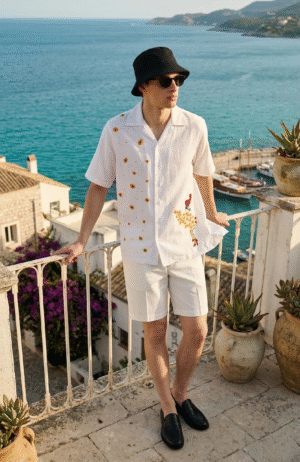 Mens handmade sunflower embroidered white Cuban collar resort shirt with white shorts overlooking sea