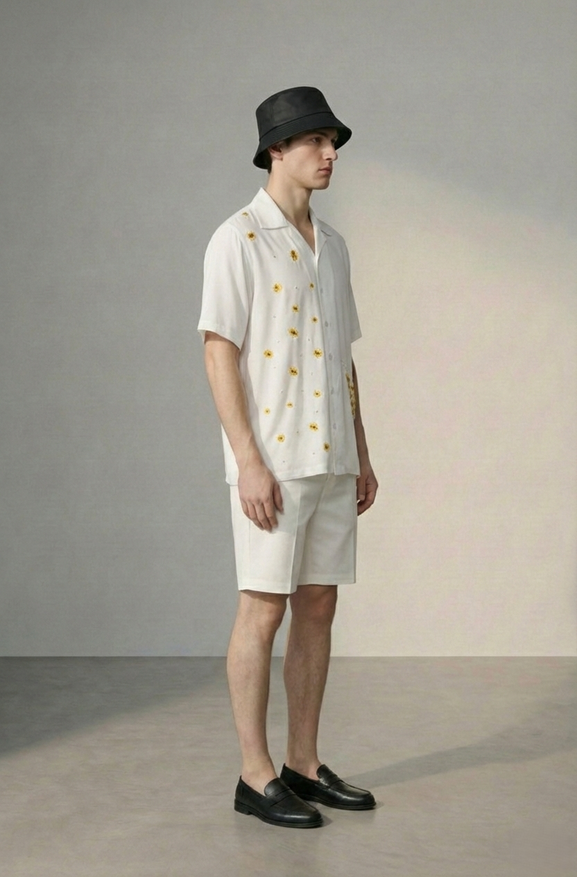Side view of mens handmade sunflower embroidered Cuban collar white summer shirt and shorts