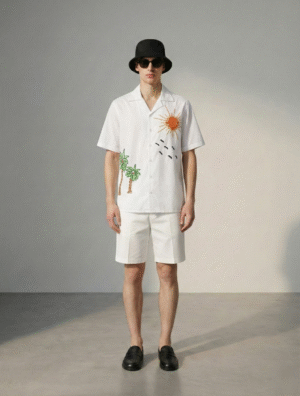 Men's white cotton Cuban collar shirt with tropical sun and palm tree hand embroidery, stylish summer resort wear shirt for men