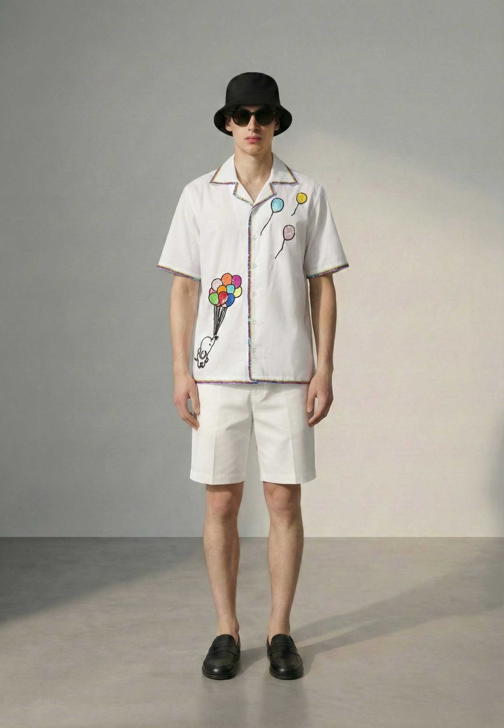 mens white cotton shirt with hand embroidered balloons cuban collar casual summer shirt