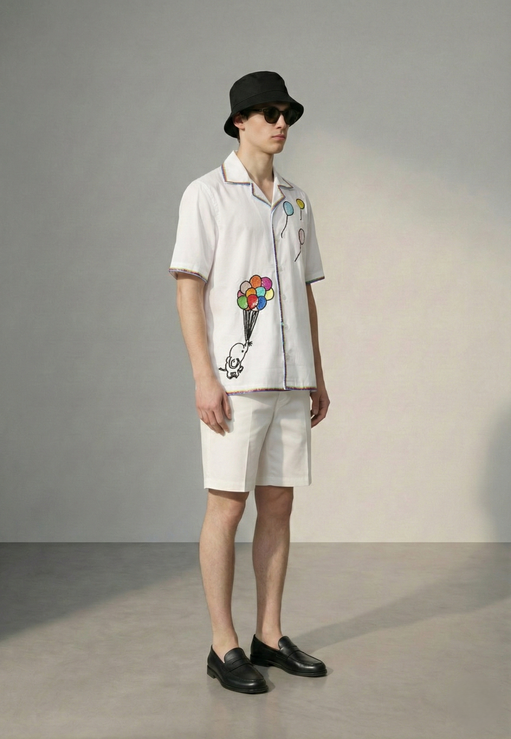 side view mens white balloon embroidered shirt cuban collar summer resort shirt
