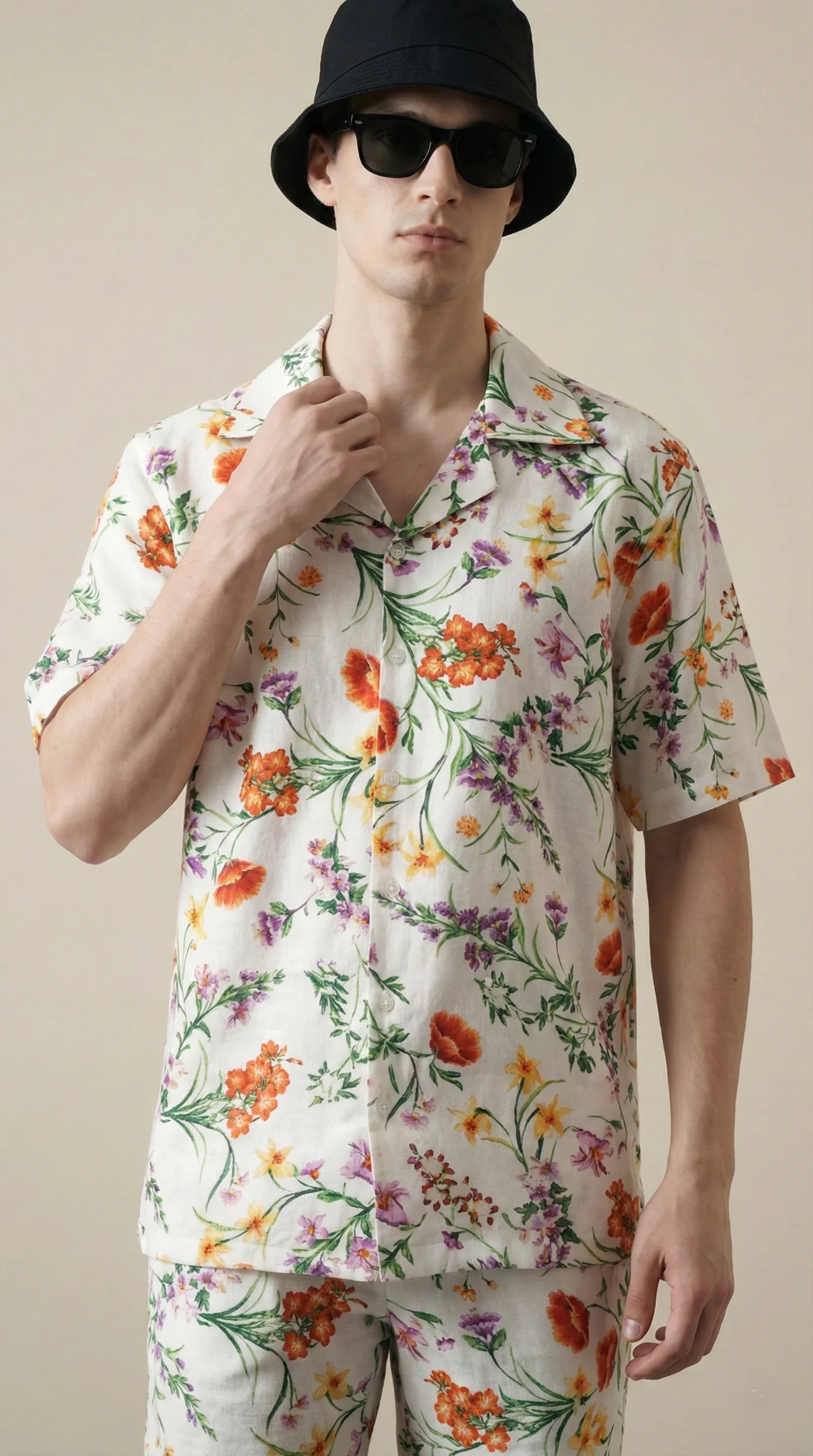 mens-floral-resort-set-cuban-collar-shirt-shorts-cotton-linen-close2