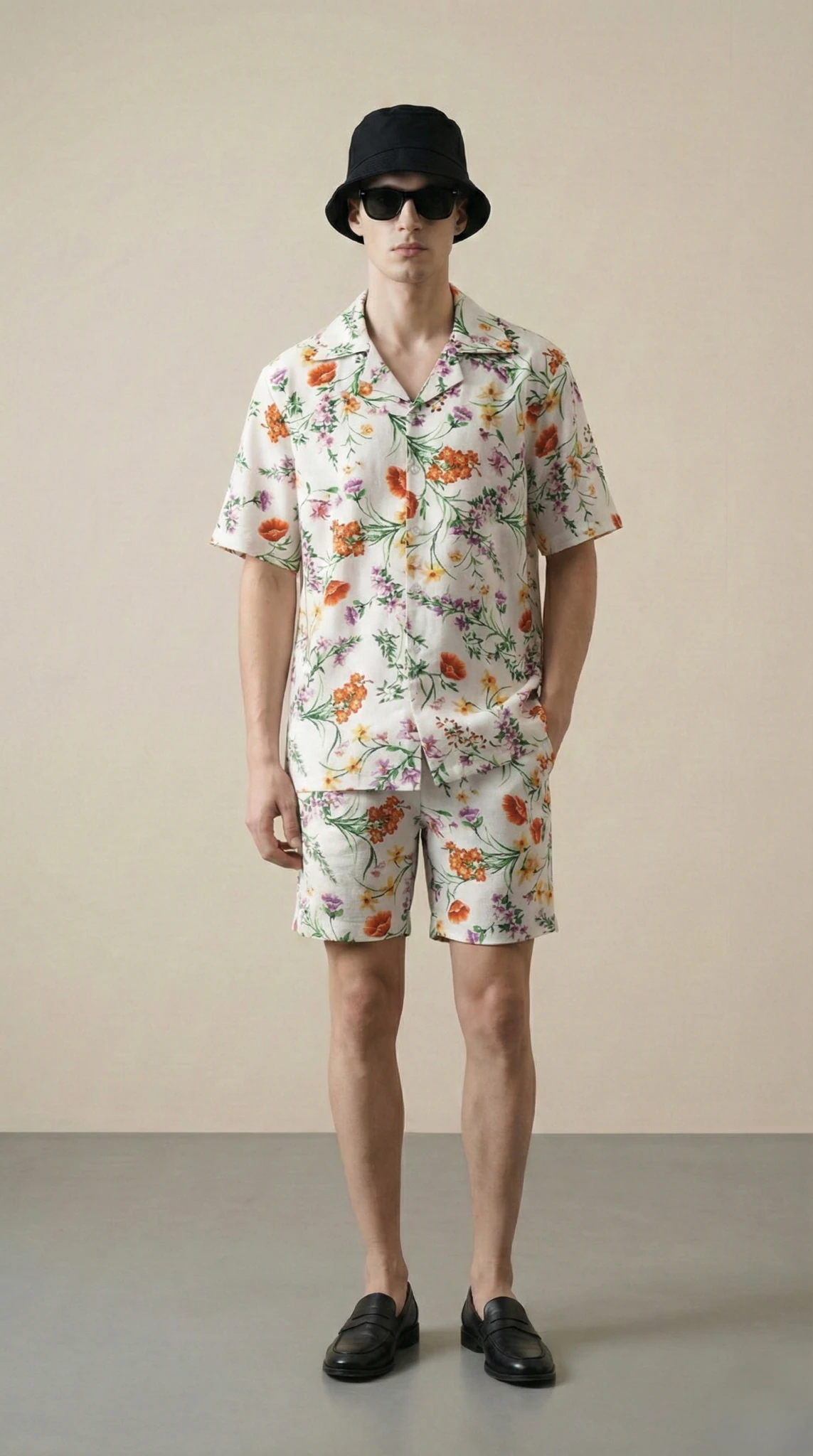 mens-floral-resort-set-cuban-collar-shirt-shorts-cotton-linen-front