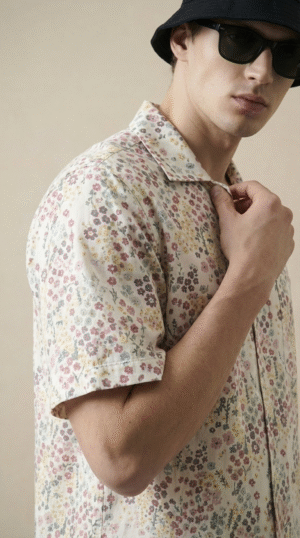 Close up Cuban collar floral cotton linen summer shirt for men