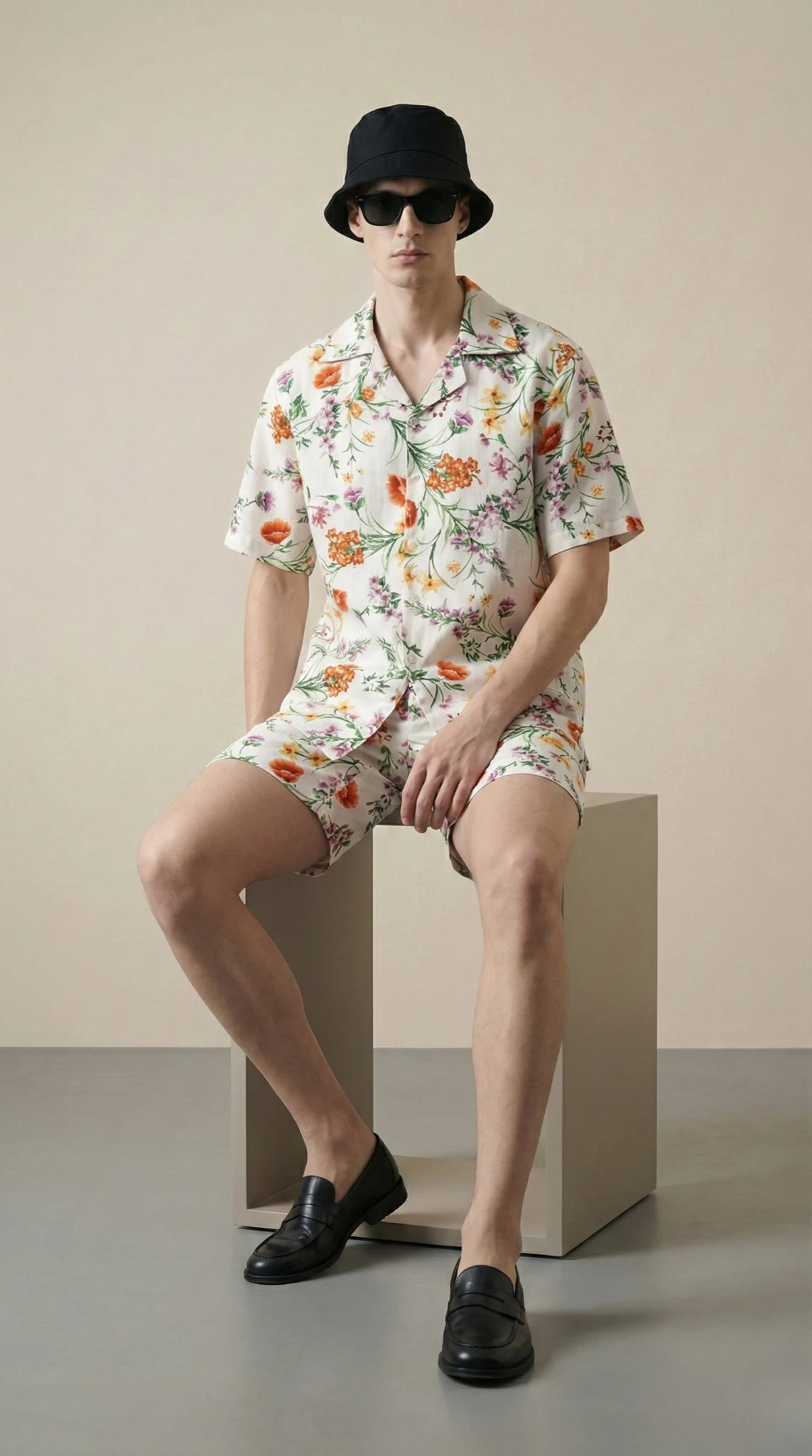 mens-floral-resort-set-cuban-collar-shirt-shorts-cotton-linen-seat
