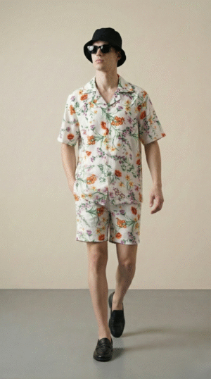 Man walking wearing floral Cuban collar resort shirt and shorts summer outfit