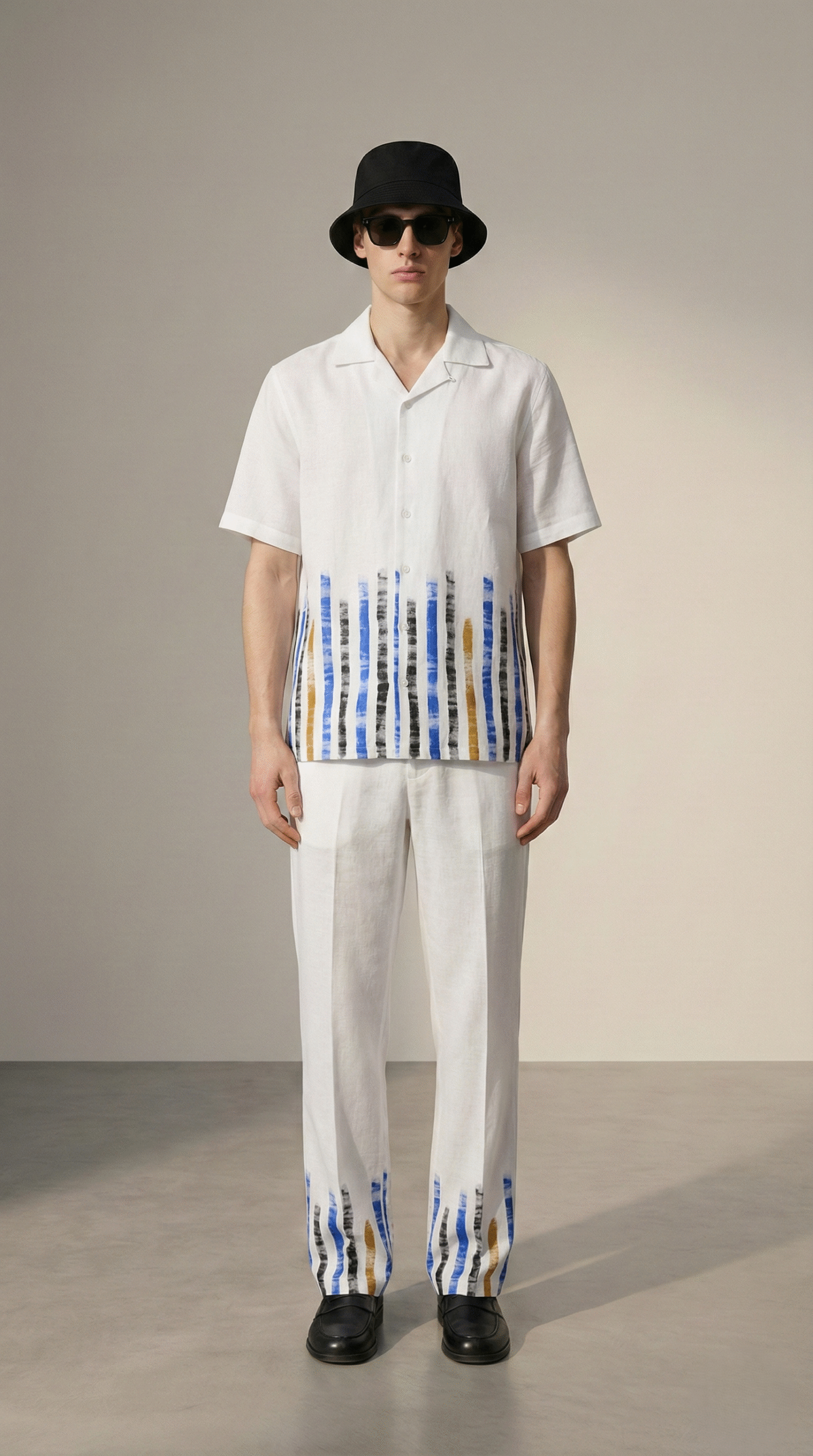 Men's white cotton linen Cuban collar shirt and drawstring pajama pants with blue striped hem, handmade summer resort outfit for men