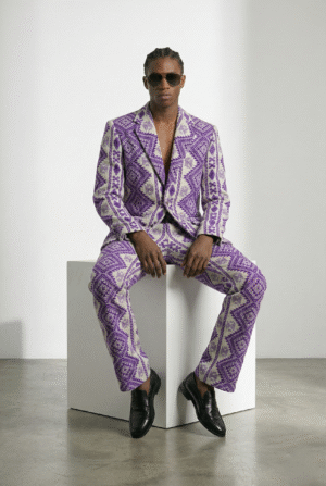 Men's purple embroidered blazer suit with geometric pattern, elegant designer outfit for fashion editorial