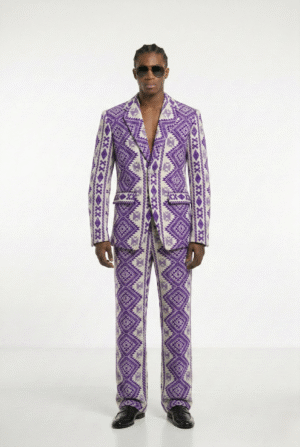Men's purple jacquard embroidered blazer suit with geometric pattern, luxury designer blazer outfit for men