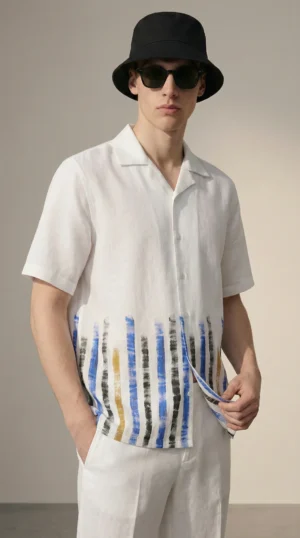 mens-cotton-linen-stripe-set-cuban-collar-shirt-drawstring-pants-resort-summer-outfit-close