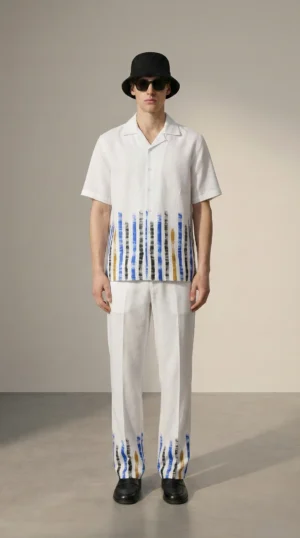 mens-cotton-linen-stripe-set-cuban-collar-shirt-drawstring-pants-resort-summer-outfit-front