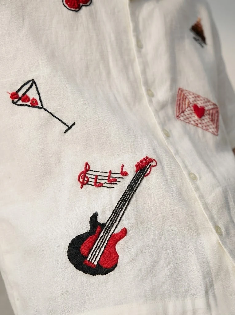 Handmade-Linen-Cotton-Cuban-Shirt-Love-Music-Embroidery-Gift-for-Boyfriend closeup..JPG