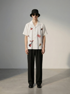 Men's white linen cotton Cuban collar shirt with love and music themed embroidery, handmade summer resort shirt for men