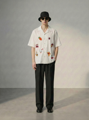 Luxury mens white embroidered Cuban collar shirt with colorful handmade embroidery, premium summer resort wear outfit for beach and vacation styling